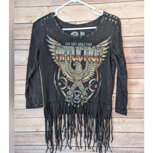 Y2K Affliction Boho, Women’s XS Live Fast World Tour Festival Fringe Top #B49